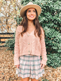 Mauve Plaid Print Pleated Skirt
