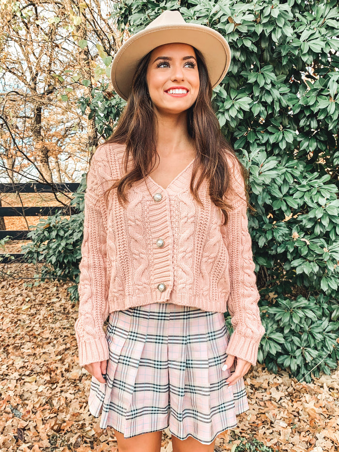 Mauve Plaid Print Pleated Skirt