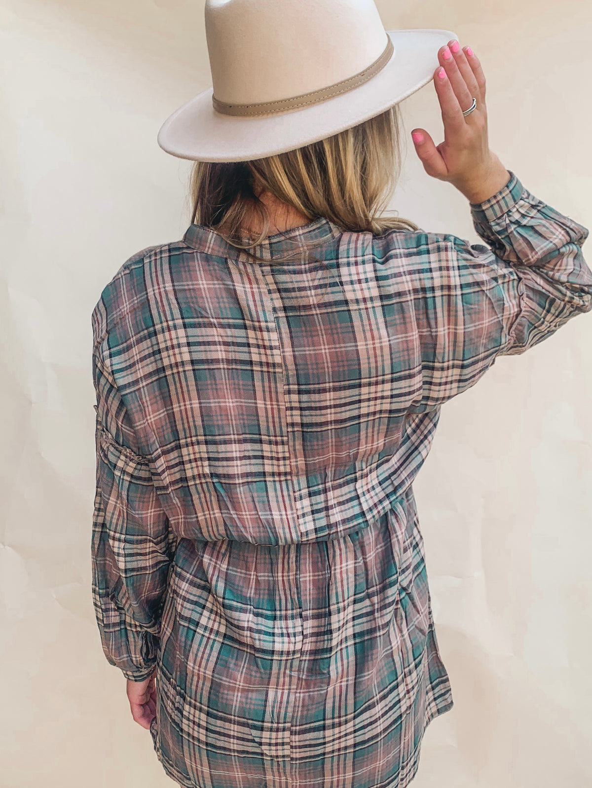 PLAID PRINT LONG-SLEEVE SHIRTDRESS