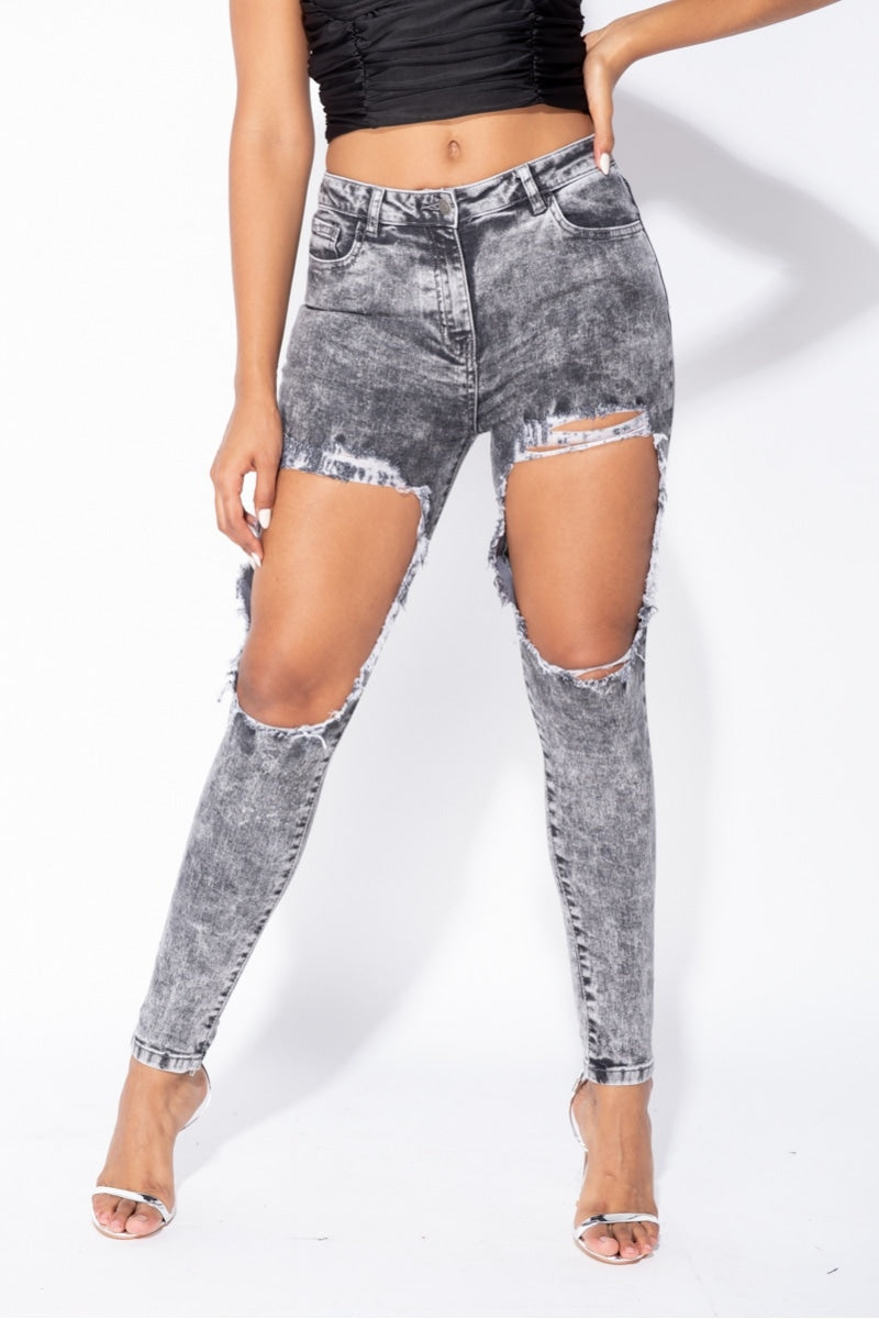 Light Grey Acid Extreme Distressed High Waist Skinny Jeans – Mila