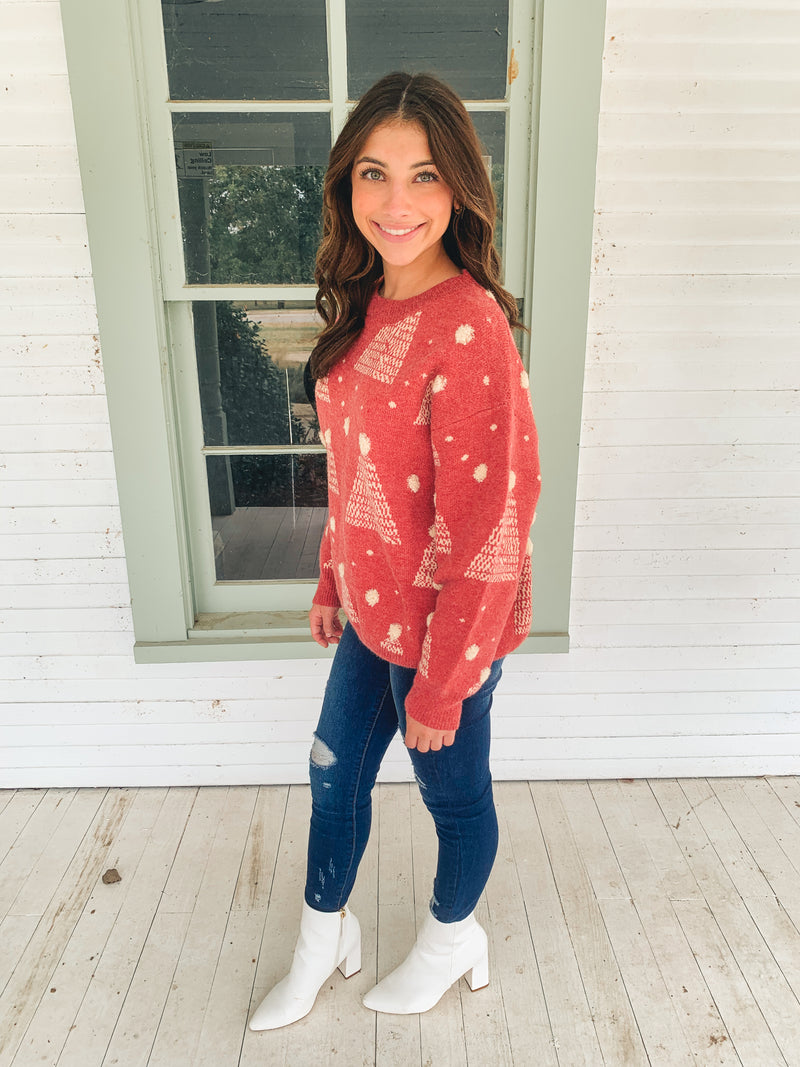 Red Holiday Tree Print Pompom Pullover Sweater