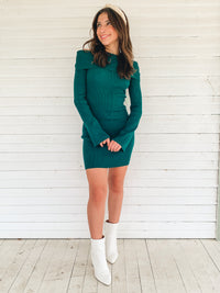 Green Off Shoulder Sweater Mini Dress