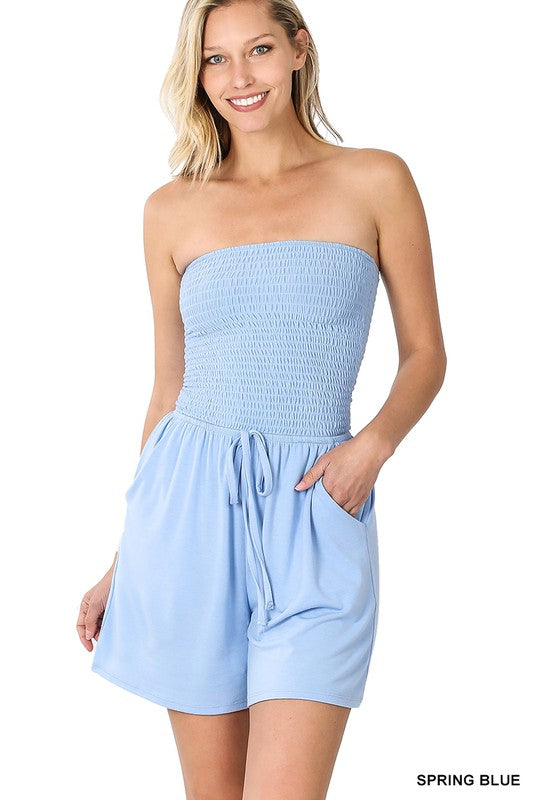 Smocked Tube Romper with Pockets