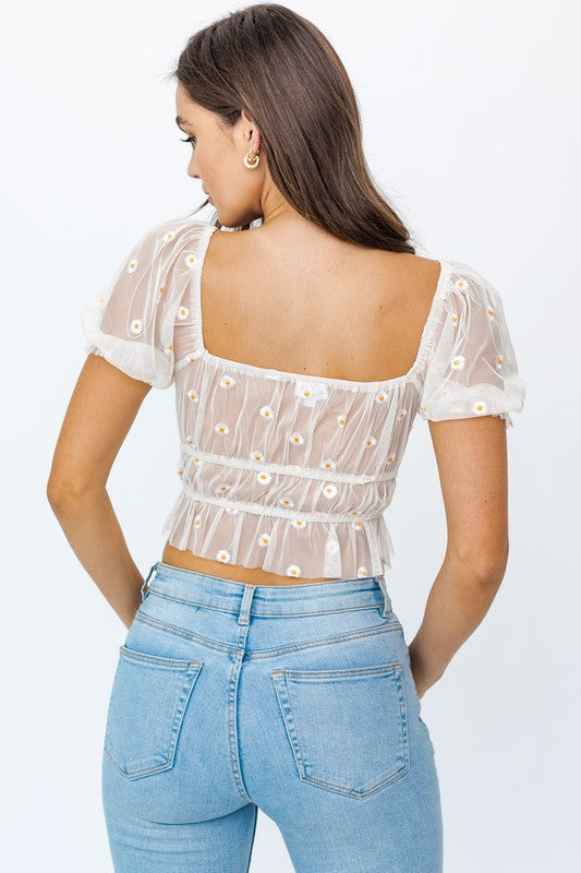Short Sleeve Ruched Embroidery Crop Top
