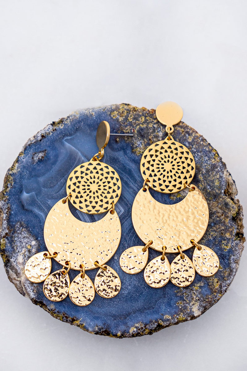 disk and crescent earrings with teardrop charms