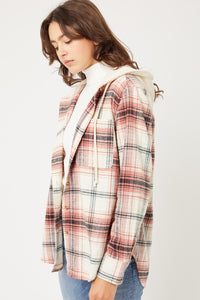 Plaid Flannel Button Up Shacket with Hood