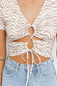 Short Sleeve Front Criss Cross Print Knit Top