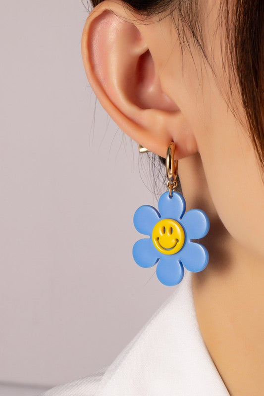 Huggie hoop dangling flower smiley face earrings