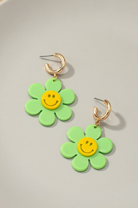 Huggie hoop dangling flower smiley face earrings