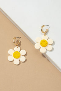 Huggie hoop dangling flower smiley face earrings