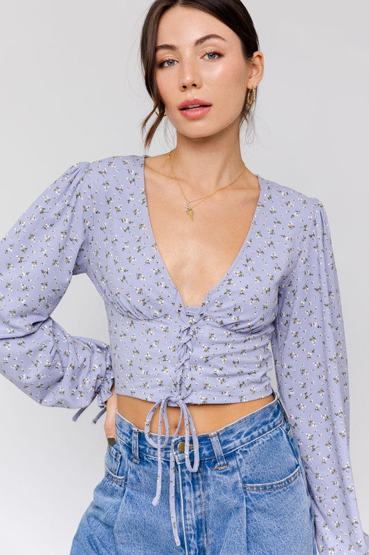 Puff Sleeve Lace-Up V-Neck Top