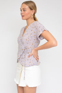 Wrap W/Self Waist Tie Ditsy Print Top