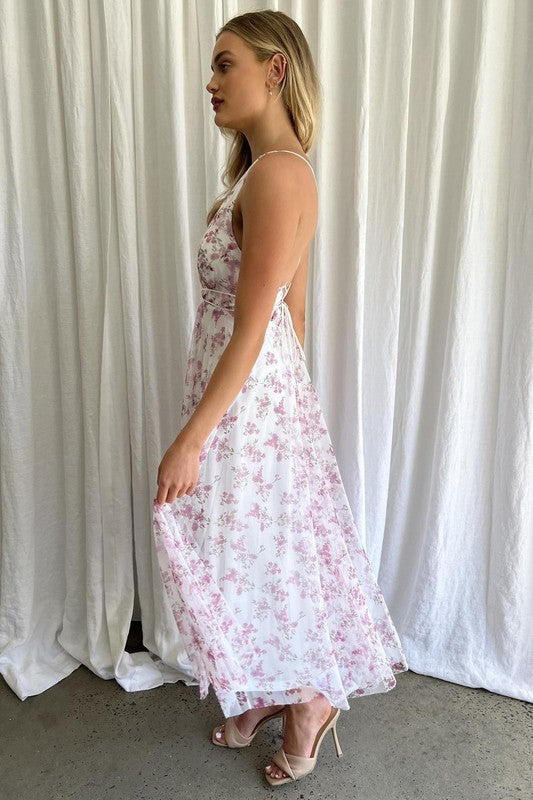 Floral Printed Plunging Neck Tulle Maxi Dress