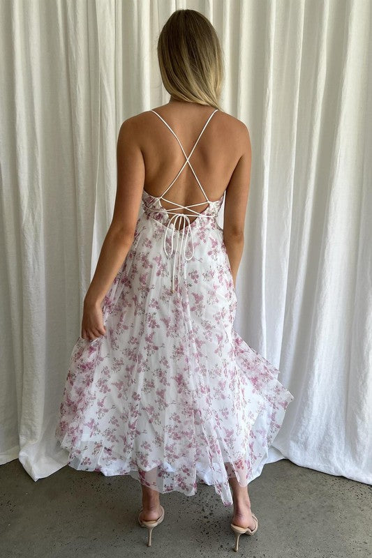 Floral Printed Plunging Neck Tulle Maxi Dress