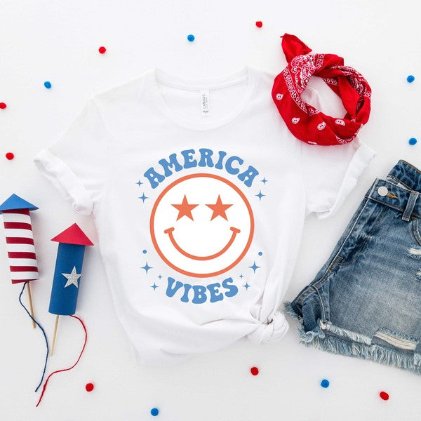 America Vibes Smiley Face Short Sleeve Graphic Tee