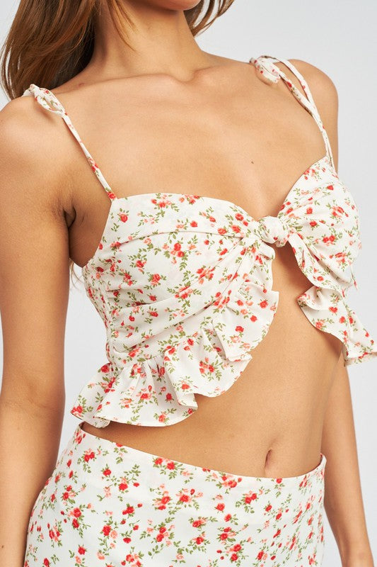 FRONT KNOT CROP TOP WITH RUFFLE DETAIL
