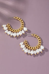 Curb chain hoop earrings with pearl drops