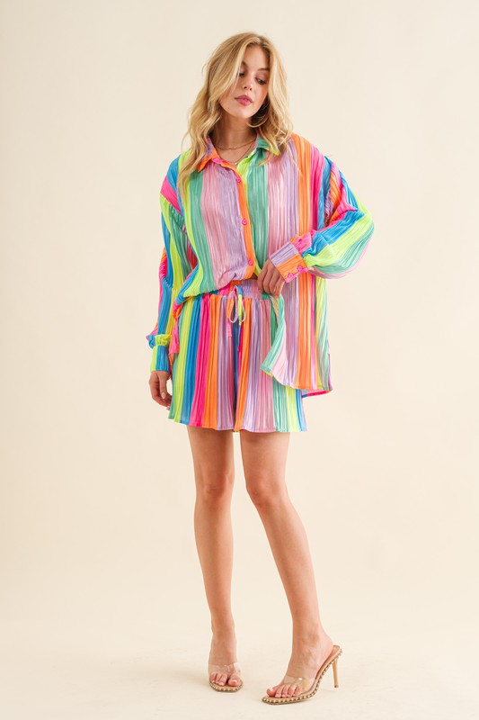 Press Pleated Rainbow Shirt with Matching Shorts