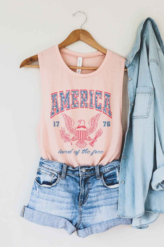 AMERICA LAND OF THE FREE GRAPHIC MUSCLE TANK