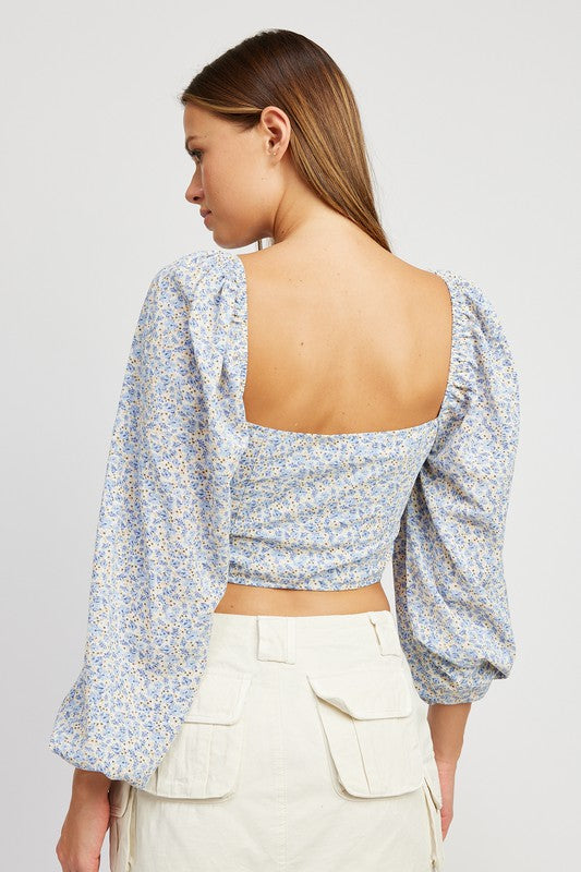 FLORAL HEM TOP WITH BUBBLE SLEEVES
