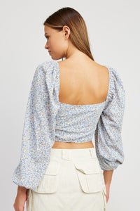 FLORAL HEM TOP WITH BUBBLE SLEEVES