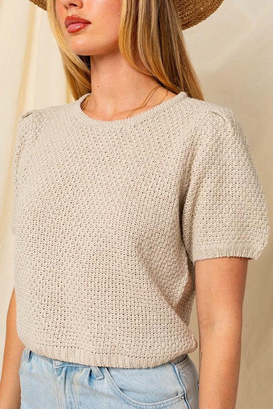 Puff Sleeve Round Neck Texture Sweater Top