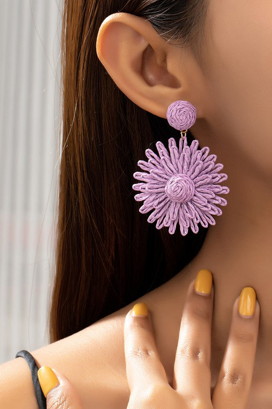 Raffia straw flower drop earrings