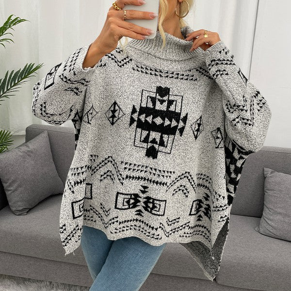 Grey Geo Pattern Turtleneck Drop Shoulder Sweater