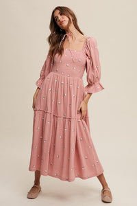 Ditzy Floral Embroidery Puff Sleeve Maxi Dress