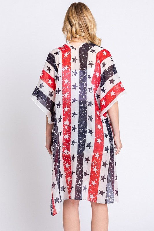 Distressed American Flag Mix Printed Light Kimono