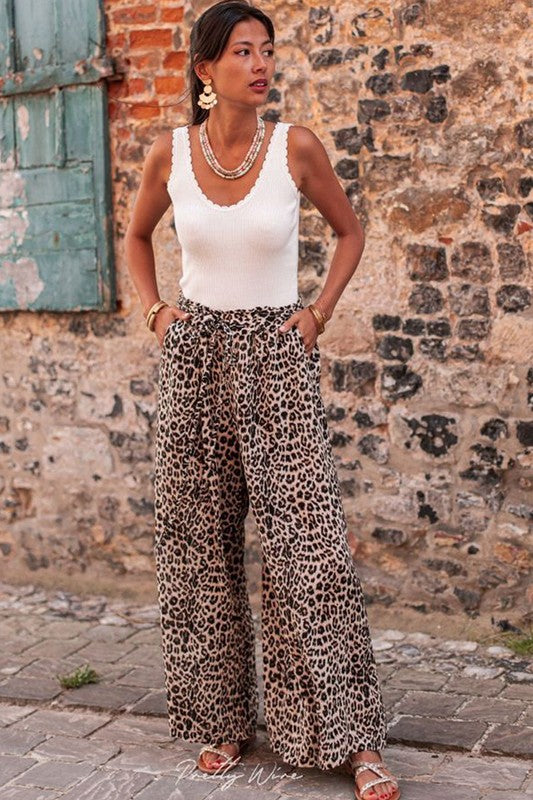 Women Desert Palm Boho Leopard Wide Leg Pants