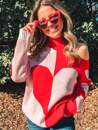 RED MOCK NECK HEART SWEATER