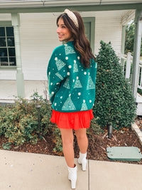 Green Holiday Tree Print Pompom Pullover Sweater
