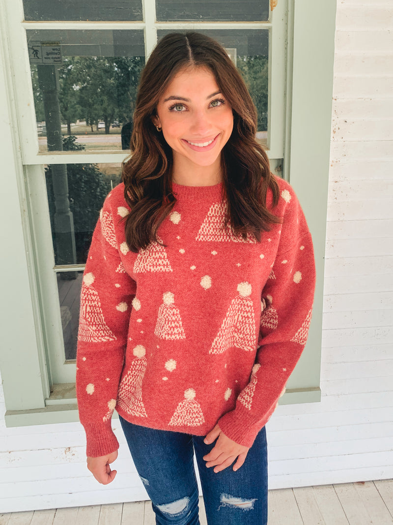 Red Holiday Tree Print Pompom Pullover Sweater