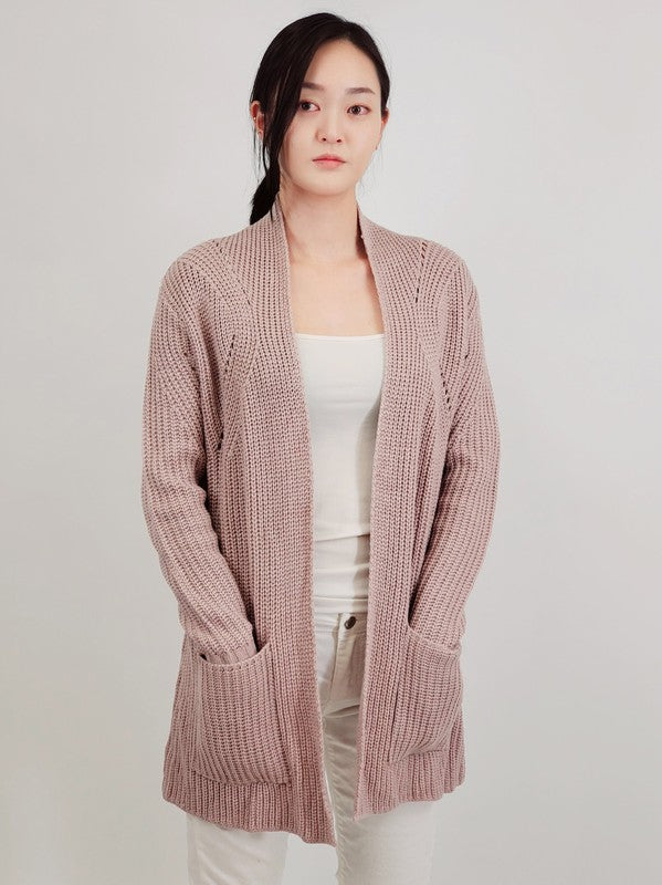 Open Front Waffle Knit Sweater Cardigan w/ Pocket