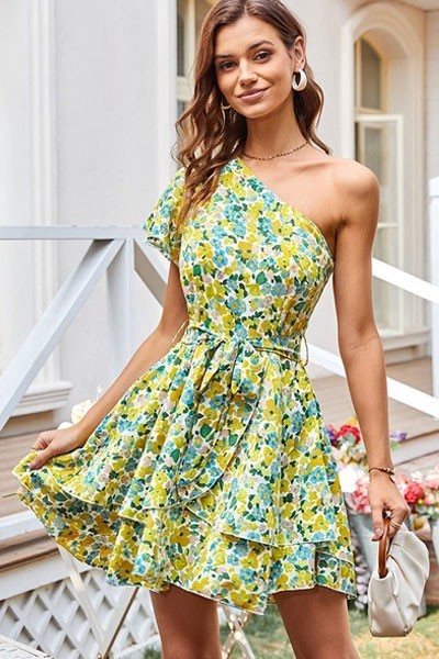 Women's Floral Dress One Shoulder Sundresses