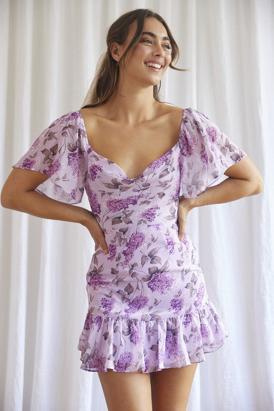 Floral Print Ruffle Flutter Sleeved Mini Dress