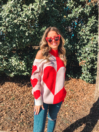 RED MOCK NECK HEART SWEATER