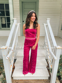 VELOUR CHECKERED TUBE TOP WITH PALAZZO PANTS SET