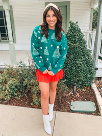 Green Holiday Tree Print Pompom Pullover Sweater