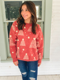 Red Holiday Tree Print Pompom Pullover Sweater