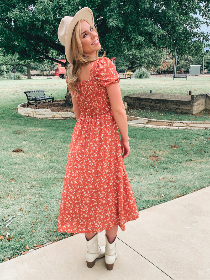 PUFF SLEEVE FLORAL PRINT MIDI DRESS