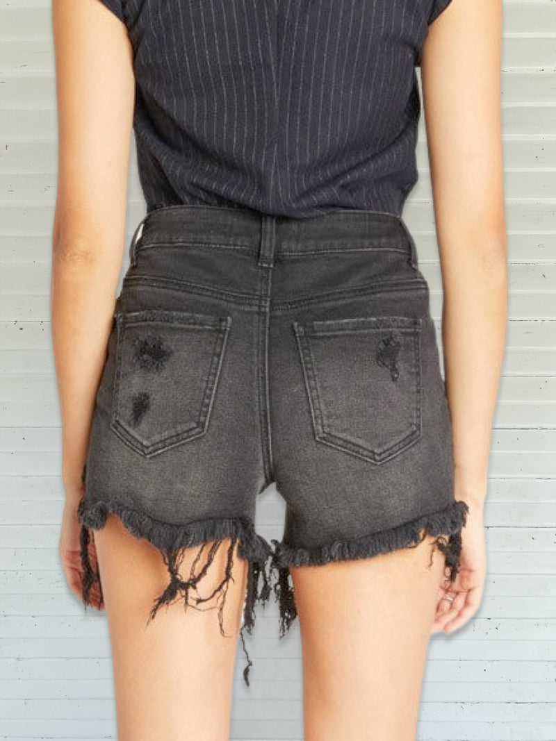 High-rise distressed mid length washed black short