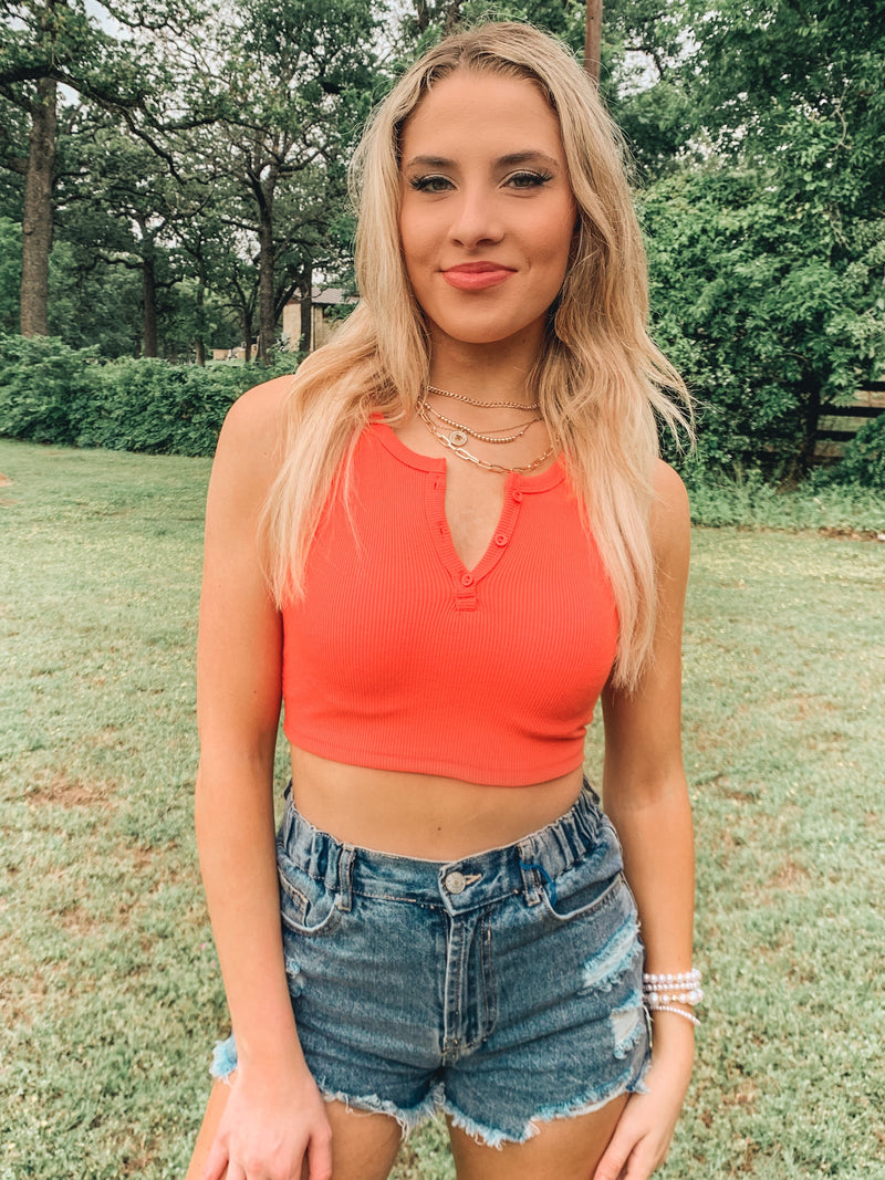Coral ribbed crop top with button down