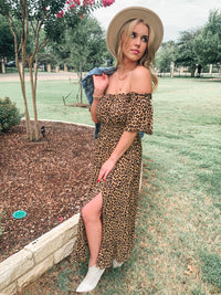 OFF THE SHOULDER ANIMAL PRINT WOVEN DRESS