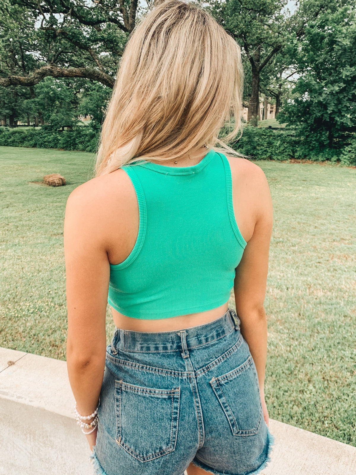 Green ribbed crop top with button down