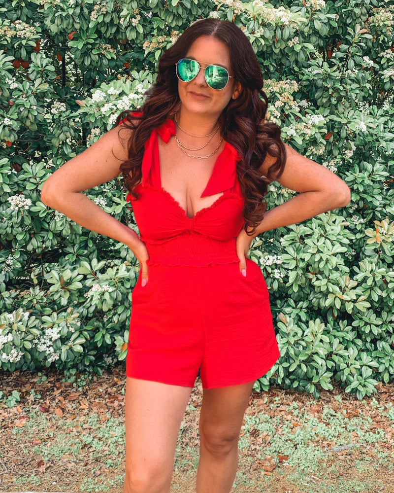 Red Frill Romper With Pockets