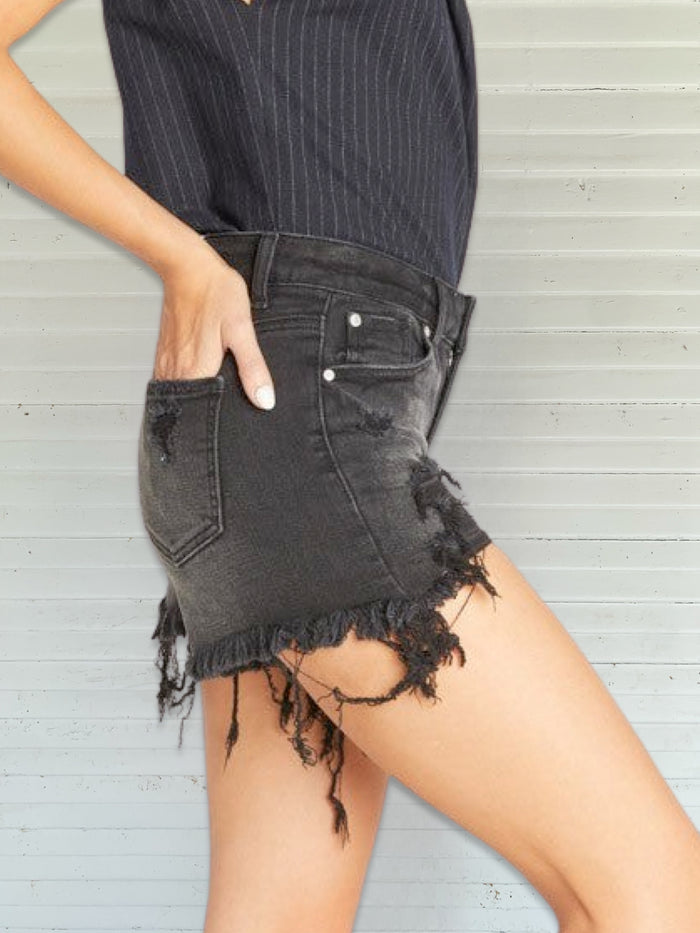 High-rise distressed mid length washed black short
