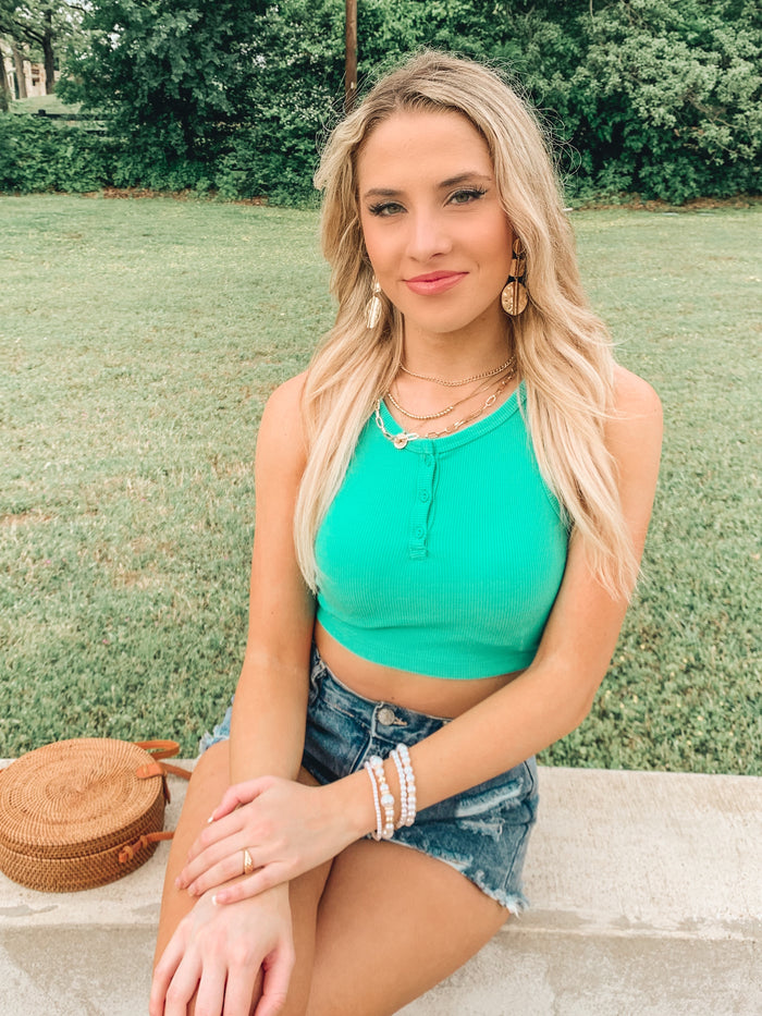 Green ribbed crop top with button down