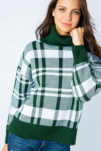 GREEN PLAID TURTLENECK PULLOVER SWEATER